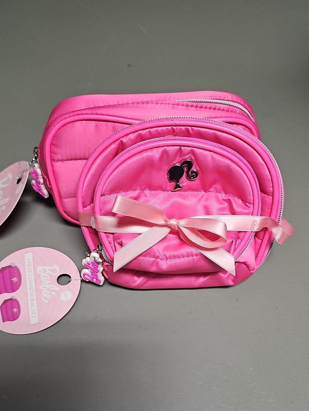 Barbie NWT Pink Makeup Bag Set Quilted Large & Small Cosmetics Travel Bag